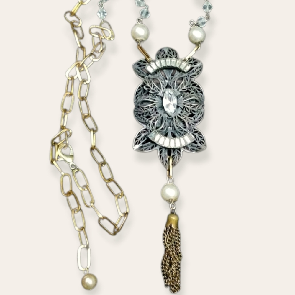 Repurposed Vintage Necklace 1920s Art Deco Faux Pearl Hand Crafted - Picture 3 of 12